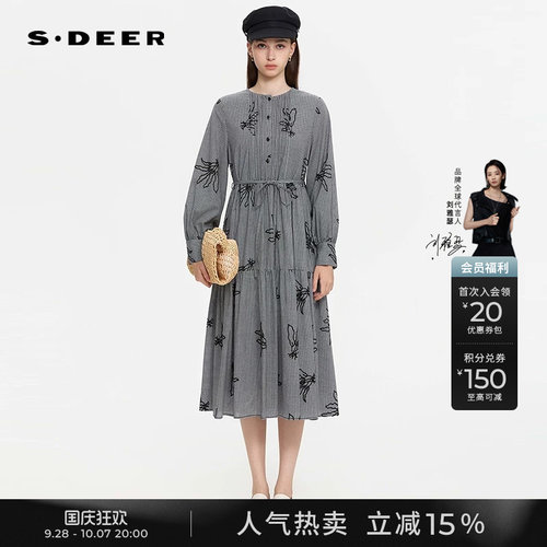 sdeer圆领绣花网纱格纹连衣裙
