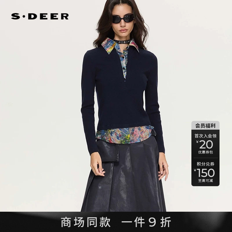 sdeer翻领晕染拼接假两件针织衫