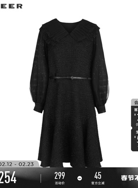 sdeer圣迪奥春秋装女装V领荷叶边收腰网纱毛呢连衣裙S233Z12T1