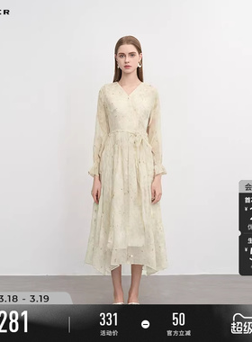 sdeer圣迪奥春秋装女装复古V领收腰印花不规则连衣裙S243Z1216