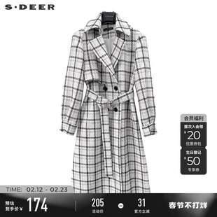 sdeer圣迪奥春秋装女装英伦风翻领格纹收腰长款大衣S223Z1858