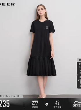 sdeer圣迪奥夏装25年新品圆领心形碎褶拼接短袖连衣裙女S252Z1221