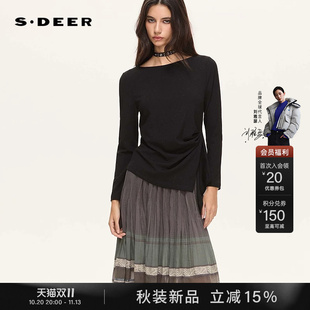 sdeer圣迪奥女装2026秋装新款通勤圆领肌理立体裁剪设计感长袖T恤