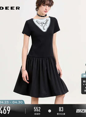 sdeer圣迪奥女装26年新品甜酷风圆领印花抽褶短袖连衣裙S262Z1205
