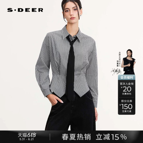 sdeer学院风系带格纹不规则衬衫