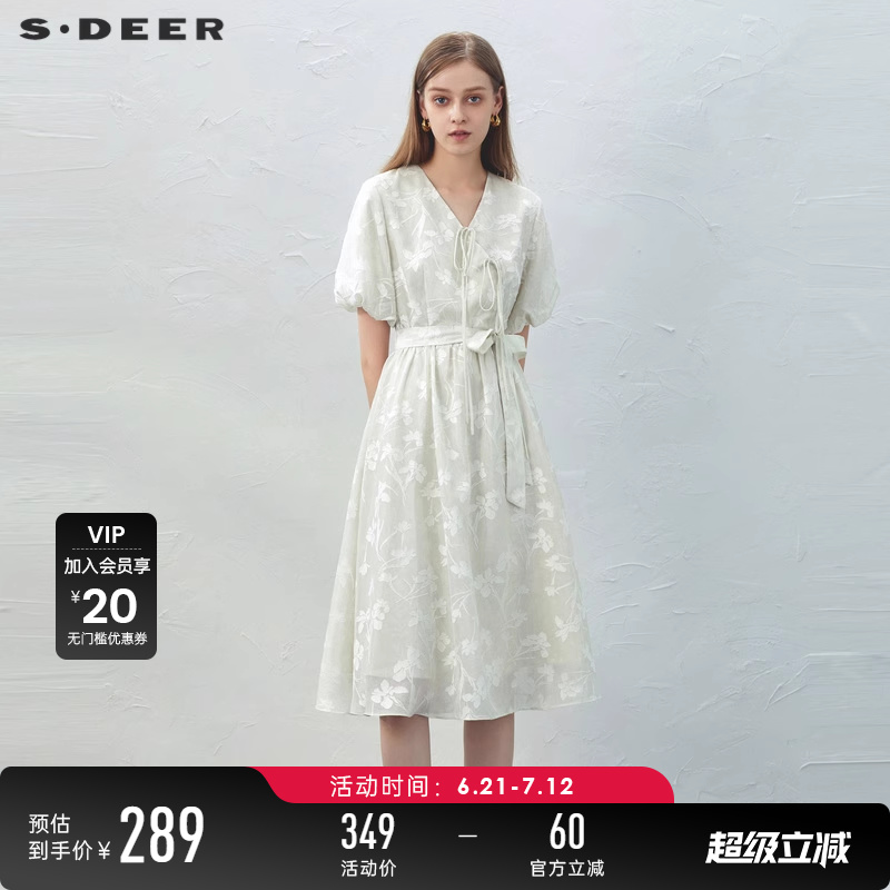 s.deer绣花泡泡袖新中式连衣裙