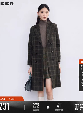 sdeer圣迪奥冬季女装西装领双排扣格纹毛呢大衣S224Z2512