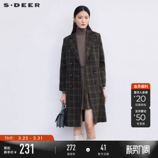 领双排扣格纹毛呢大衣S224Z2512 西装 sdeer圣迪奥冬季 女装