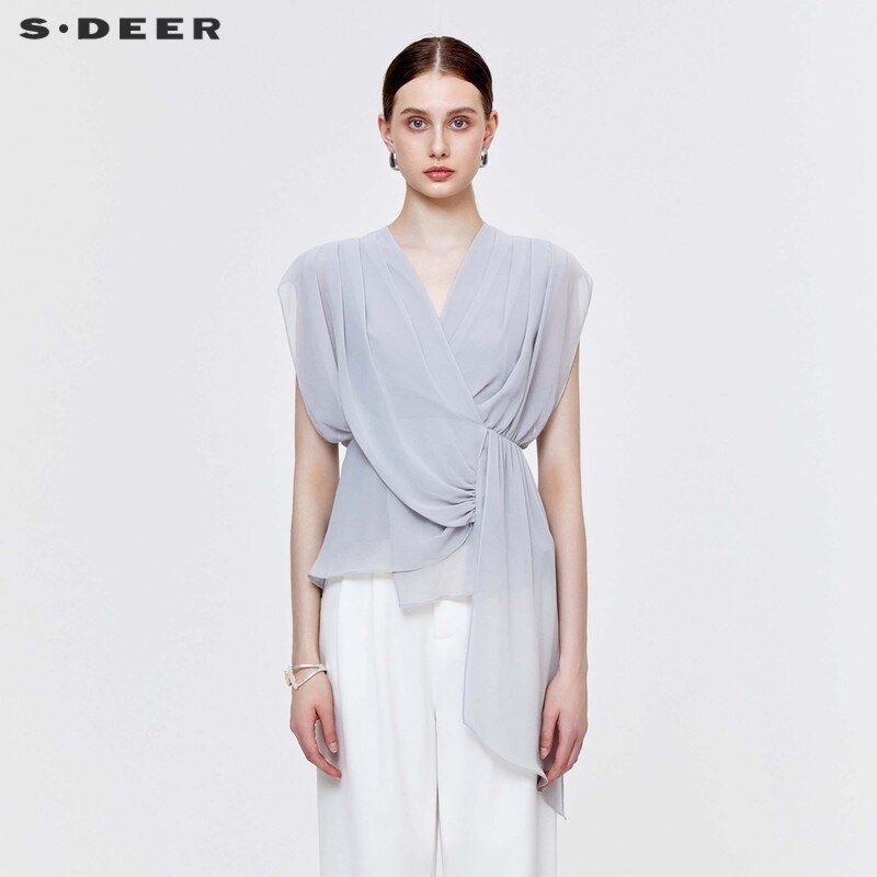 sdeer圣迪奥春秋装V领系带不规则拼接无袖衬衫女S223Z0604