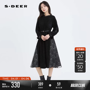 sdeer圣迪奥冬装 圆领风琴褶收腰印花网纱连衣裙S234Z12C2 女装