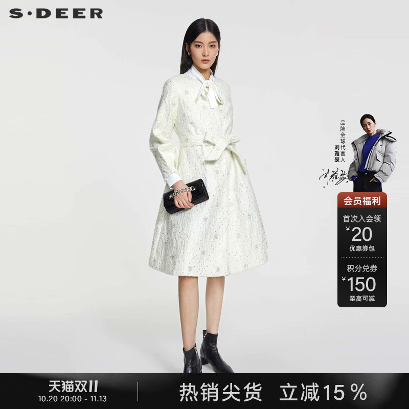 sdeer圣迪奥春秋装女装小香风圆领灯笼袖收腰长款风衣S231Z2504
