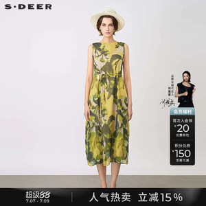 sdeer圣迪奥夏季女度假圆领撞色印花网纱收腰无袖连衣裙S24281268