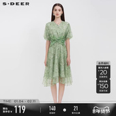 V领碎花甜美泡泡袖 sdeer圣迪奥女装 春装 连衣裙S223Z122J