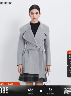 sdeer圣迪奥春秋装女装时尚翻领收腰短款毛呢外套大衣S233Z2603