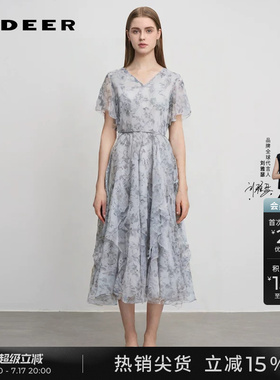 sdeer圣迪奥夏季女装V领碎花网纱收腰荷叶边连衣裙S242Z1290