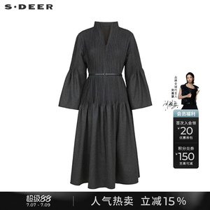 sdeer圣迪奥秋季女装V领风琴褶收腰喇叭袖连衣裙S233Z12Y4