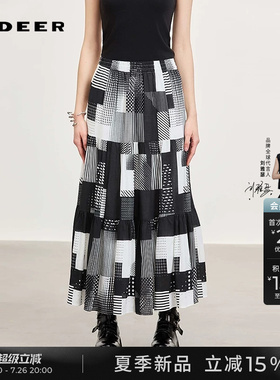 sdeer圣迪奥女装26年夏新品松紧高腰撞色印花A字伞裙S262Z1102