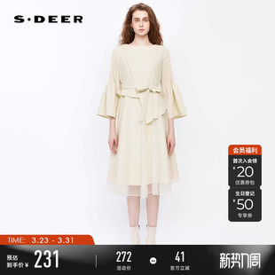 连衣裙S241Z1252 圆领压褶收腰网纱喇叭袖 sdeer圣迪奥春装 女装