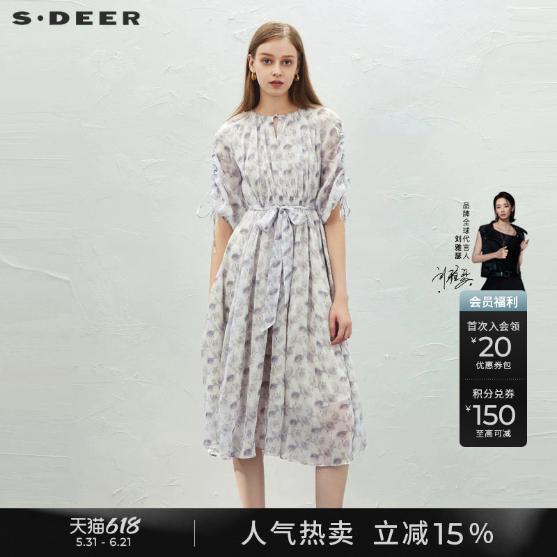sdeer圣迪奥夏季女装小清新圆领碎花收腰短袖连衣裙S232Z1