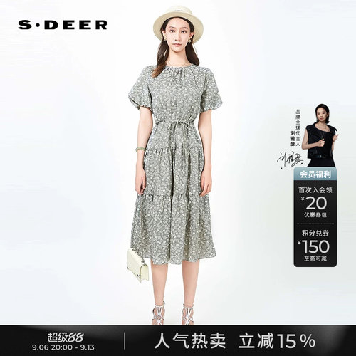 s.deer圆领碎花收腰泡泡袖连衣裙