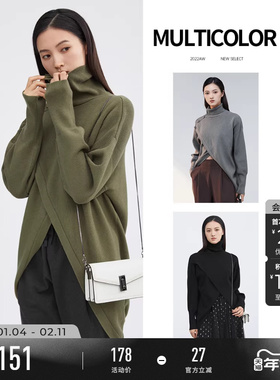 sdeer圣迪奥女装时尚气质高领不规则宽松慵懒黑色针织衫S214Z3501