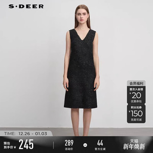 sdeer圣迪奥冬装 复古V领格纹毛呢背带连衣裙S244Z1212 女装