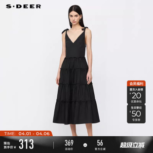 sdeer圣迪奥女装 田园风V领碎褶不规则背带裙S252Z2902 夏季