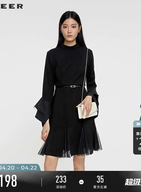 sdeer圣迪奥春装女装圆领收腰网纱喇叭袖连衣裙S231Z1214