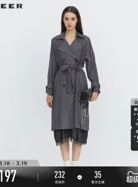 sdeer圣迪奥春秋装薄款风衣女翻领收腰双排扣长款外套S223Z1804