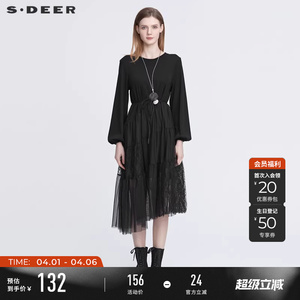 sdeer圣迪奥春装女装圆领收腰网纱蕾丝灯笼袖连衣裙S22181207