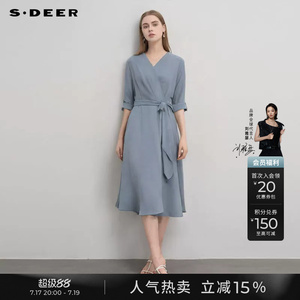 sdeer圣迪奥秋装女装V领压褶收腰不规则雪纺连衣裙S233Z1286