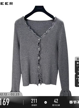 sdeer圣迪奥秋装女装法式木耳边V领碎褶开衫针织衫S243Z3502