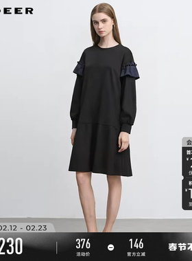 sdeer圣迪奥冬装女装圆领木耳边拼接卫衣连衣裙S244Z1286