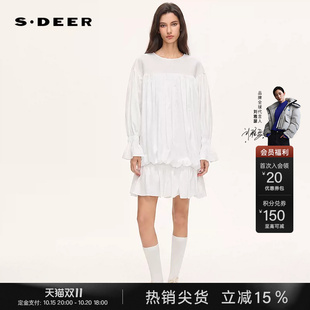 sdeer圣迪奥2026秋新款田园风圆领拼接不规则长袖连衣裙S263Z1231