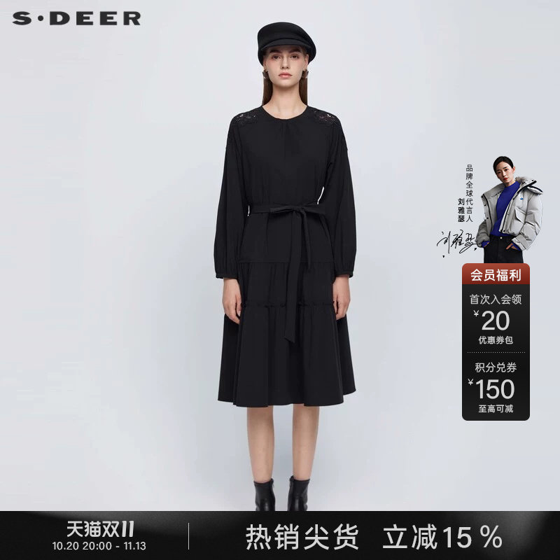 sdeer圣迪奥秋装女装复古圆领木耳边收腰长袖黑色连衣裙S243Z1261