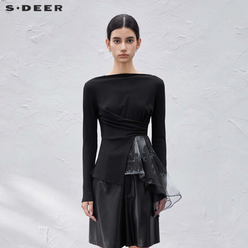 【商场同款】sdeer圣迪奥女装一字领网纱不规则长袖t恤s23380201