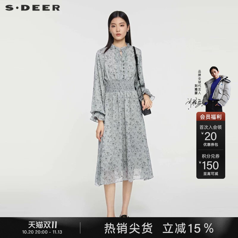 sdeer圣迪奥春秋装女装木耳边V领碎花束腰灯笼袖连衣裙S231Z12B3