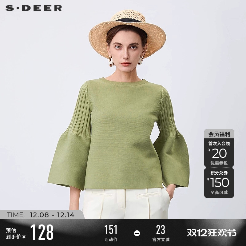 s.deer罗纹圆领拼接喇叭袖针织衫