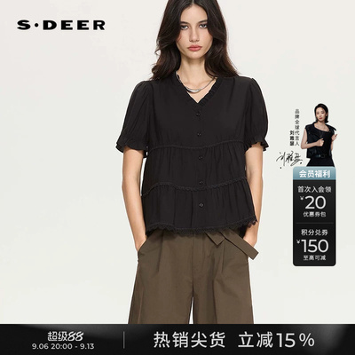 sdeer木耳边V领花边拼接短袖衬衫