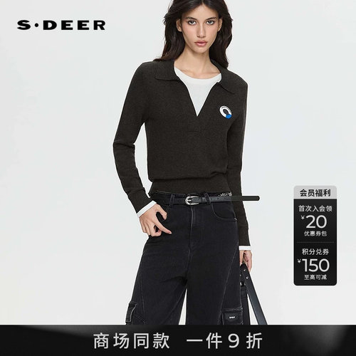 sdeer翻领撞色字母假两件针织衫