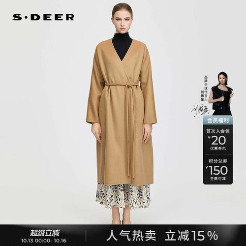 sdeerOL风V领收腰双面呢长款大衣