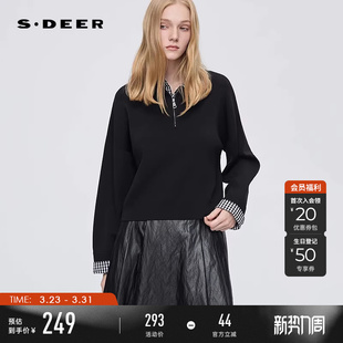 翻领撞色格纹拼接针织衫 时尚 S253Z3530 春秋装 sdeer圣迪奥女装