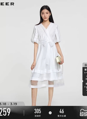 sdeer圣迪奥夏季女装V领收腰网纱泡泡袖连衣裙S232Z1205
