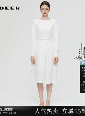 sdeer圣迪奥女装秋装时尚圆领绣花收腰长袖白色连衣裙S253Z1298