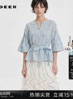 sdeer圣迪奥女装夏季文艺V领绣花格子收腰喇叭袖衬衫S252Z0422