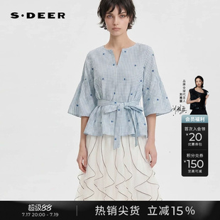 sdeer圣迪奥女装夏季文艺V领绣花格子收腰喇叭袖衬衫S252Z0422