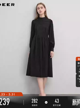 sdeer圣迪奥春装女装圆领肌理压褶灯笼袖连衣裙S241Z1246