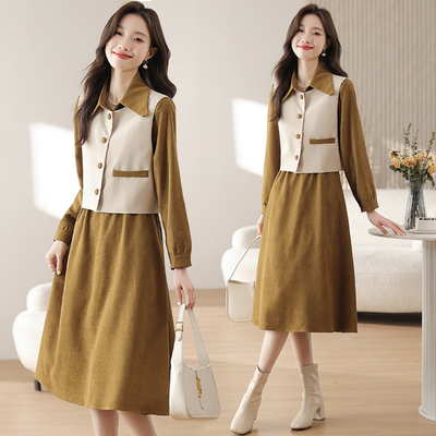 实拍今年流行连衣裙套装女秋新款长袖美拉德穿搭马甲衬衫裙两件套