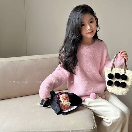 陈大猪女童毛衣冬季2023新款加绒保暖毛衫洋气儿童粉色套头上衣