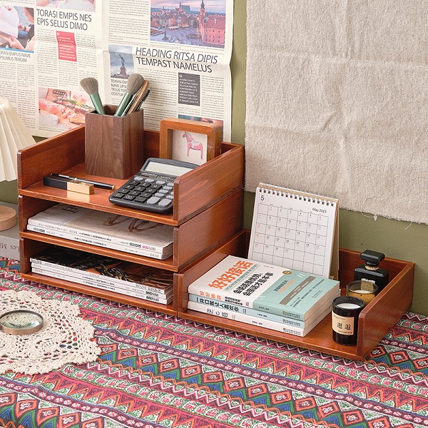 桌面置物实木收纳架a4纸文件木质多层书柜办公室茶具杯子收纳盒子